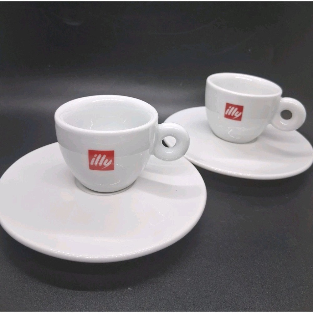 Illy Logo White Ceramic Espresso Cup and Saucer Set of 2 Classic Portugal/ Italy